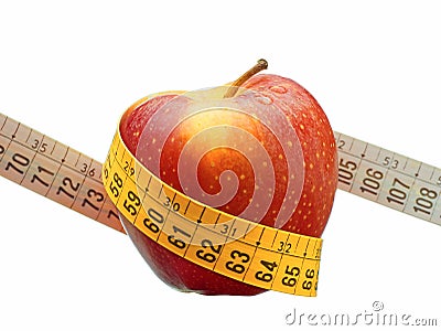 Weight loss and healthy dieting concept red apple measuring tape isolated Stock Photo