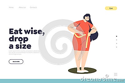 Weight loss landing page concept with plus size woman measure waist with measuring tape Vector Illustration