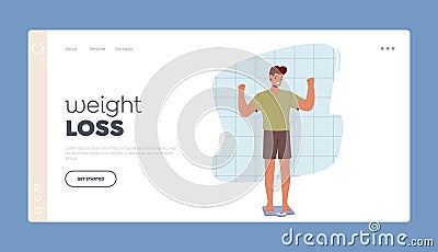 Weight Loss Landing Page Template. Happy Athlete Man Standing On Scales. Healthy Male Character Emphasize Perfect Weight Vector Illustration