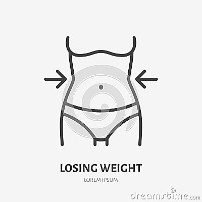 Weight loss line icon, vector pictogram of woman with slim body. Girl after diet illustration, healthy lifestyle sign Vector Illustration