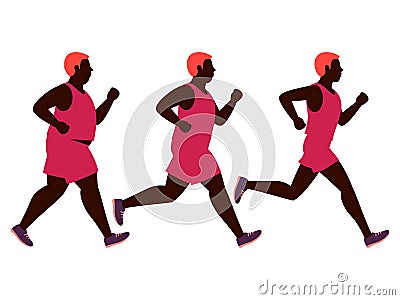 Weight loss running man illustration. Fat and slim man before and after jogging vector isolated on white background Vector Illustration
