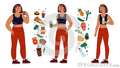 Weight loss stages. Body transformation process from fat to slim. Woman character lifestyle. Obese and athletic figures Vector Illustration