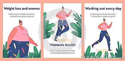 Weight Loss Transformation Stages of Obese Woman Banners. Girl Turning into Healthy Body, Sport Training Vector Illustration