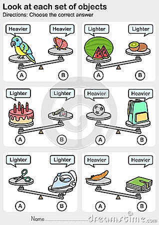 Weight measurement worksheet - Look at each set of objects. - Choose the correct answer. Vector Illustration