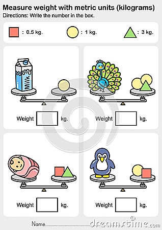 Weight measurement worksheet - Measure weight with metric units kilograms. - Write the number in the box. Vector Illustration