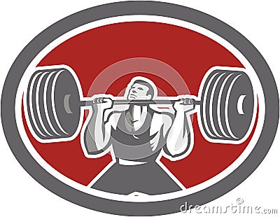 Weightlifter Lifting Barbell Front Oval Retro Vector Illustration