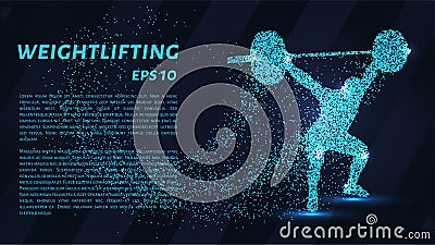 Weightlifter of the particles. The weightlifter consists of dots and circles. Blue weightlifter on dark background Stock Photo