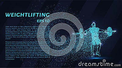 Weightlifter of the particles. The weightlifter consists of dots and circles. Blue weightlifter on dark background Stock Photo