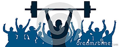 Weightlifter sport silhouette. Crowd of fans joy of victory. Weightlifting strongman. Vector illustration Vector Illustration