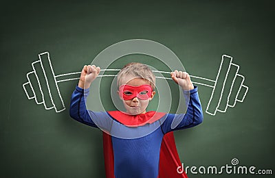 Weightlifting superhero boy Stock Photo