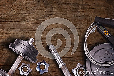 Weights at the gym whit handle and barbell Stock Photo