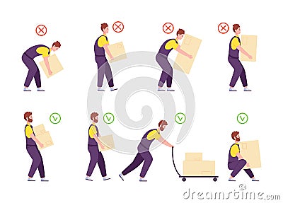 Weights handling. Safety ergonomic posture of back for carry or push heavy goods, manual correctly incorrect work Vector Illustration
