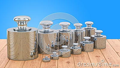 Weights Scale Calibration Set on the wooden table, 3D rendering Stock Photo