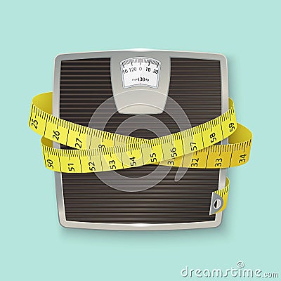 Weights and tape measure. Floor scales Cartoon Illustration