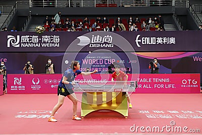 Chen Meng on serve in the final at the 2020 Women`s World Cup Editorial Stock Photo