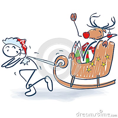 Stick figure as Santa pulls sled with a reindeer Vector Illustration