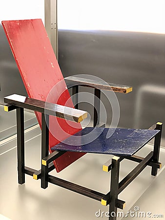 Weil am Rhein, Germany - October 6, 2018: Red and blue chair designed by Gerrit Rietveld in Vitra Design Museum Editorial Stock Photo