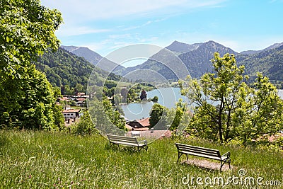 Weinberg hill with benches, lookout point at health resort schliersee Stock Photo