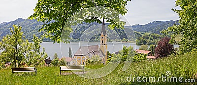 Weinberg hill with benches, lookout point at health resort schliersee Stock Photo