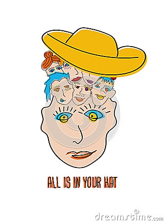 Weird faces with text - all is in your hat. Comic print for t-shirt or notepad Vector Illustration