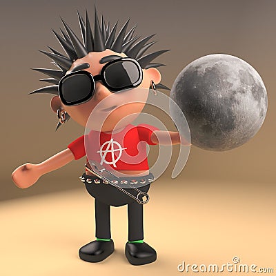 Weird punk rocker holding a globe of the Moon, 3d illustration Cartoon Illustration