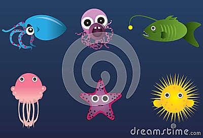 Weird underwater creatures Cartoon Illustration