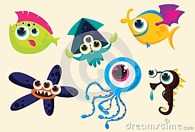 Weird underwater creatures Cartoon Illustration