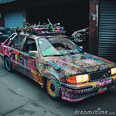 Weirdcore, grunge, automobile scene. Created using ai generative. Stock Photo