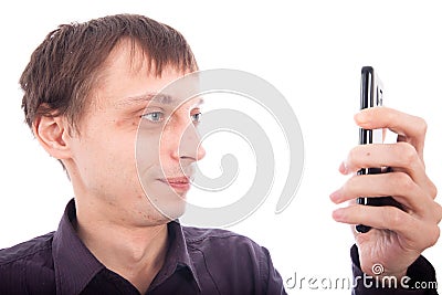 Weirdo man looking at cellphone Stock Photo