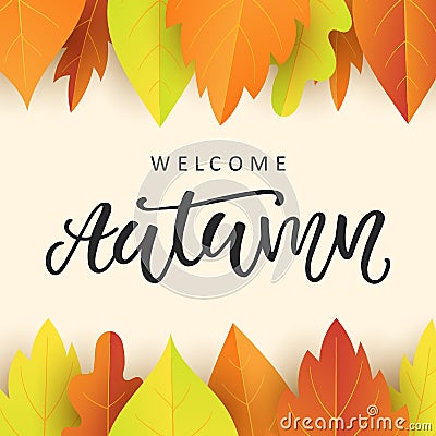 Welcome autumn banner template with bright colorful fall leaves Vector Illustration