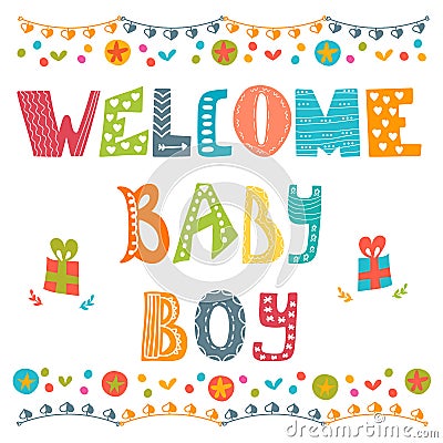 Welcome baby boy. Baby boy arrival card. Baby boy shower card Vector Illustration