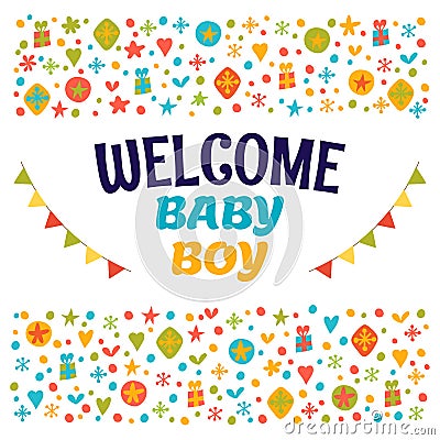 Welcome baby boy. Baby boy shower card. Baby boy arrival postcard. Baby shower greeting card Vector Illustration