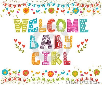 Welcome baby girl. Baby girl arrival card. Vector Illustration