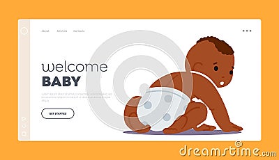 Welcome Baby Landing Page Template. Newborn African Kid Wear Diaper Sit on Floor Rear View. Cute Innocent Black Infant Vector Illustration