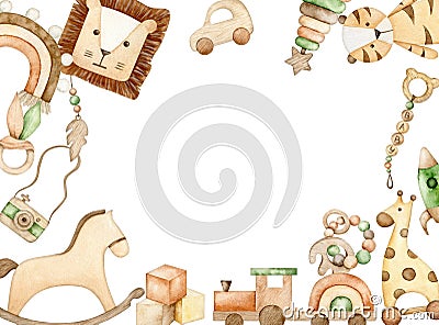 Welcome baby. Rectangular frame of childrens wooden toys, newborn teething toys, rocking horse, rocket, rainbow Cartoon Illustration