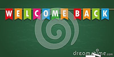 Welcome back party flag banner on school black board background Vector Illustration