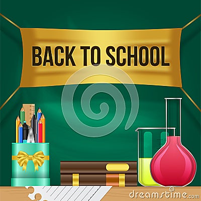 Welcome back school with golden banner and green chalkboard background with stationary Stock Photo
