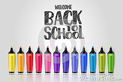 Welcome back to school background concept with colorful markers and drop shadow. Vector Illustration