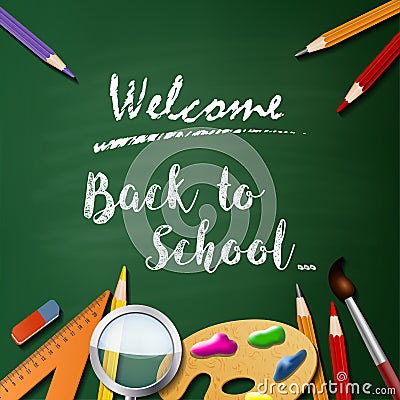 Welcome back to school background with school equipment Vector Illustration