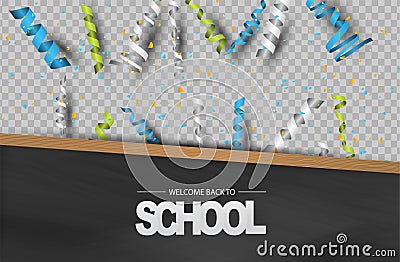 Welcome back to school background with wooden frame blackboard, falling confetti and ringlets Vector Illustration