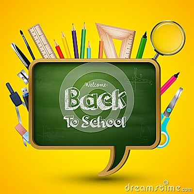 Welcome back to school with blackboard and school supplies Vector Illustration