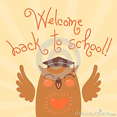 Welcome back to school. Card with an owl. Vector Illustration