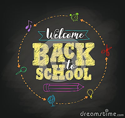 Welcome back to school concept vector design with writing in blackboard Vector Illustration