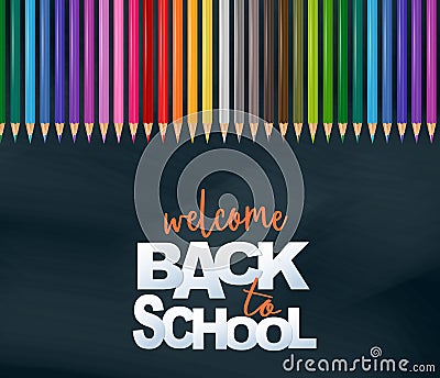 Welcome back to school design card with realistic colorful pencils. Vector Illustration