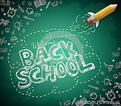 Welcome Back to School Drawing in Green Chalkboard Background Vector Illustration