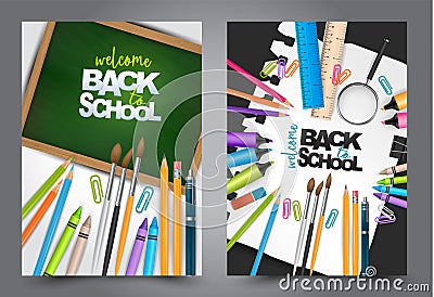 Welcome back to school flyer or poster set. Template for retail marketing, shopping promotion. Vector Illustration