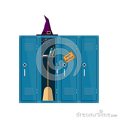Welcome back to school illustration. Flat vector witch clipart with cupboard with books and broom. School locker Vector Illustration