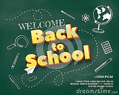 Welcome back to school poster with chalkboard background and doodles Vector Illustration