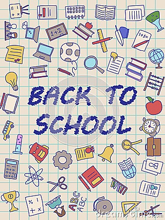 Welcome Back to School poster with doodles, good for textile fabric design, wrapping paper and website wallpapers Cartoon Illustration