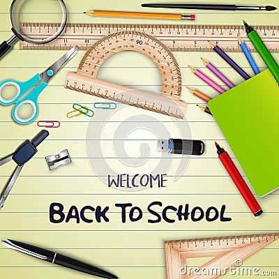 Welcome back to school with school supplies on notebook paper Vector Illustration